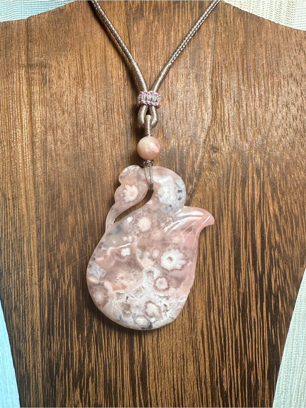 Pink Flower Agate Swan Carving Pendant Necklace on Tan Adjustable Rope Cord